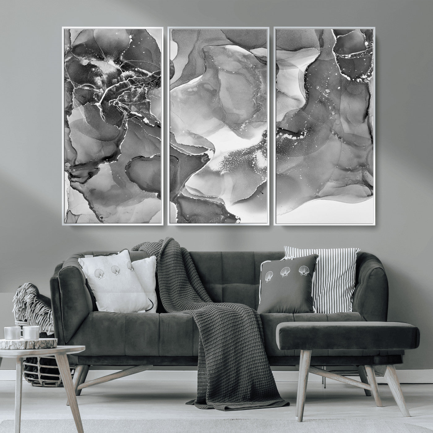 15911-MGV-FC-48X32-3P_White-Black and White Abstract Wall Art – Modern Ink Swirl Canvas Print, Minimalist Contemporary Painting for Living Room, Bedroom,