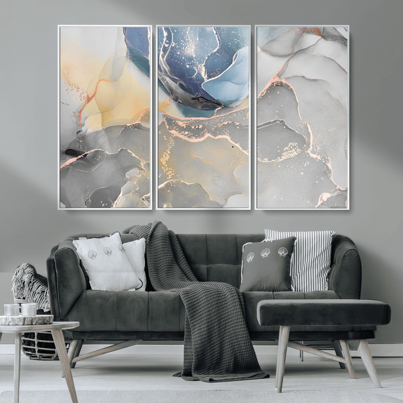 18176-MGV-CV-36X24-Abstract Fluid Wall Art – Modern Marble Ink Canvas Print with Blue, Gold, and Gray Tones, Contemporary Minimal Artwork Decor for
