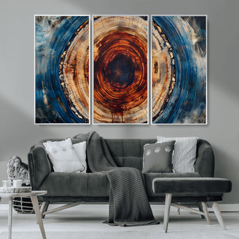 90395-MGV-CV-36X24-Tree Ring Wall Art – Abstract Wood Grain Canvas Print with Fiery Red and Blue Tones, Bold Rustic Nature Inspired Artwork Decor for