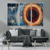 48045-MGV-CV-36X24-Tree Ring Abstract Wall Art – Rustic Wood Grain Canvas Print with Brown Center and Blue Brush Strokes, Nature Inspired Artwork for