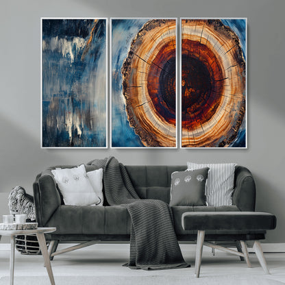 48045-MGV-CV-36X24-Tree Ring Abstract Wall Art – Rustic Wood Grain Canvas Print with Brown Center and Blue Brush Strokes, Nature Inspired Artwork for