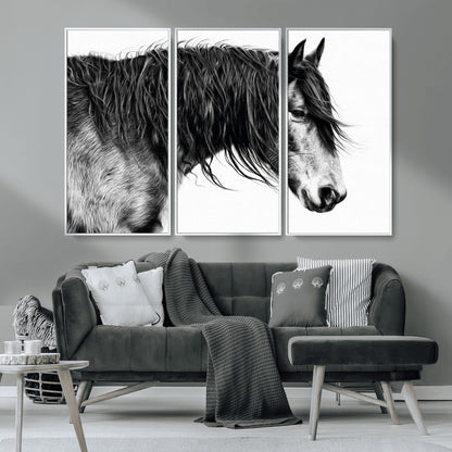 57694-MGV-CV-36X24-Horse Portrait Wall Art – Black and White Canvas Print with Detailed Stallion Profile, Rustic Farmhouse Equestrian Artwork for