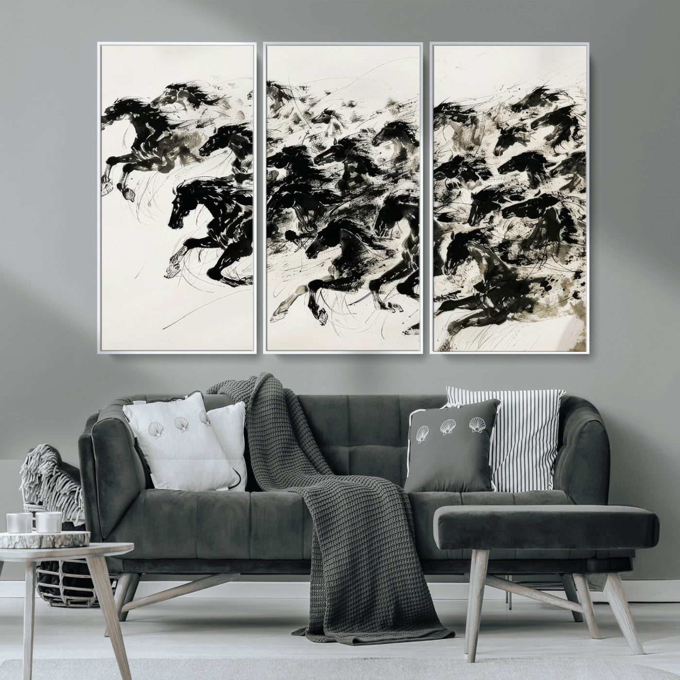 23069-MGV-CV-36X24-Galloping Horses Wall Art – Black Ink Painting on Canvas, Dynamic Equestrian Artwork with Running Stallions, Expressive Modern