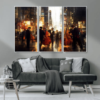 58782-MGV-CV-36X24-Jazz Musicians Cityscape Wall Art – Vibrant Urban Night Canvas Print, Elegant Music Themed Decor for Living Room, Office, or Music