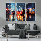94605-MGV-CV-36X24-City Jazz Night Wall Art – Vibrant Music Canvas Print Featuring Saxophone, Guitar and Bass Players, Urban Street Scene Artwork for