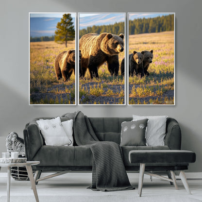 43400-MGV-CV-36X24-Bear Family Wall Art – Wildlife Canvas Print of Mother Bear with Cubs in Sunlit Meadow, Rustic Animal Artwork for Living Room,