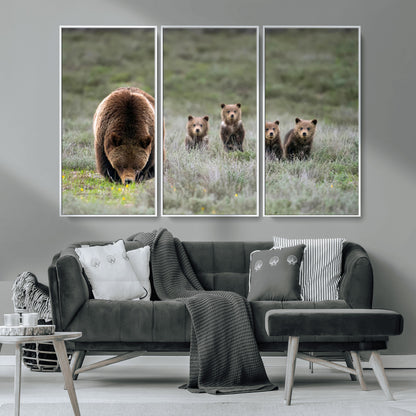 40555-MGV-CV-36X24-Bear Family Wall Art – Wildlife Canvas Print of Mother Bear with Four Cubs in Nature, Rustic Animal Artwork for Living Room,