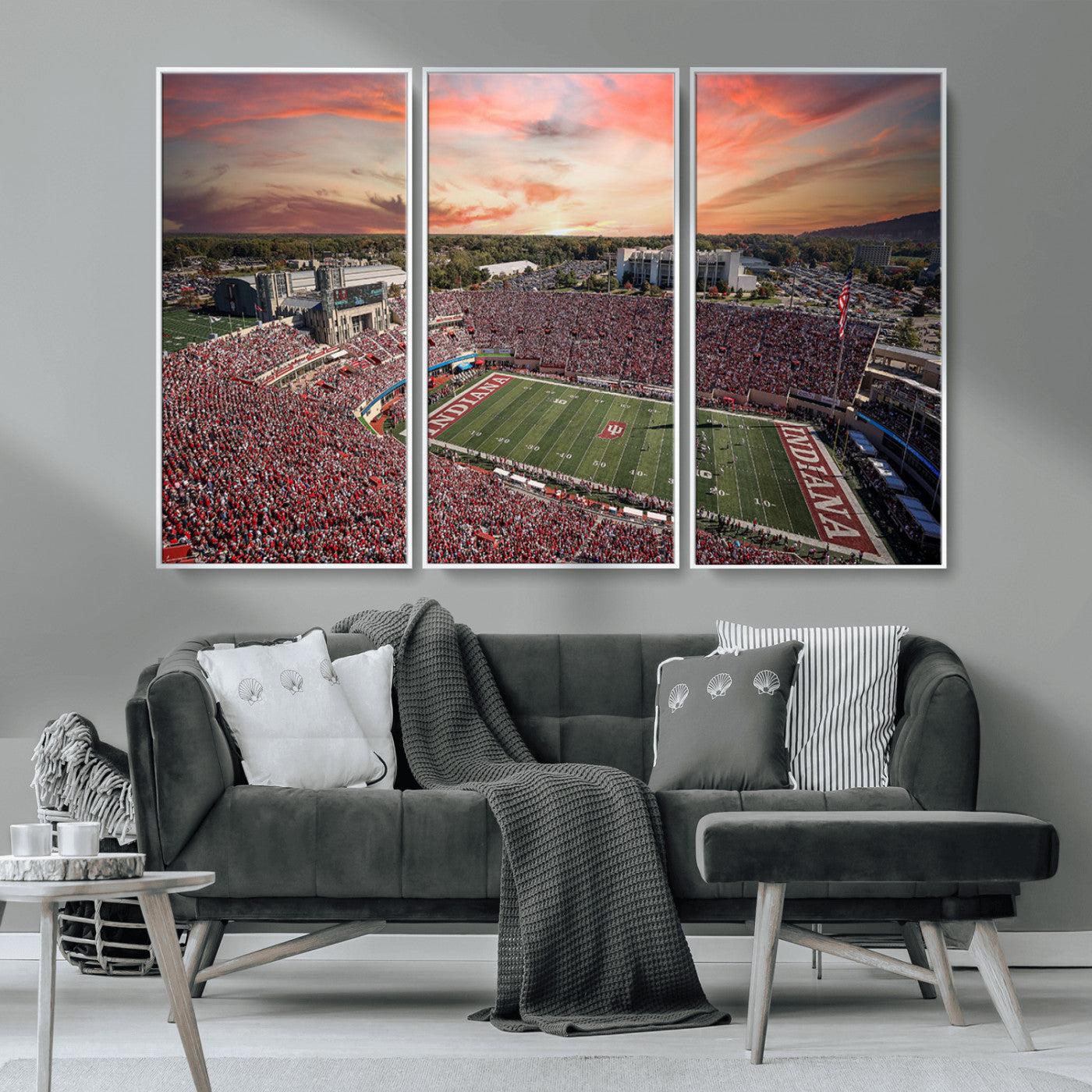 51135-MGV-CV-36X24-Indiana Hoosiers Stadium Wall Art – Panoramic Football Canvas Print with Game Day Crowd and Sunset Sky, Sports Artwork for Man
