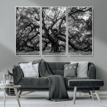 132944706-MGV-CV-36X24-Ancient Tree Wall Art – Black and White Photography Canvas Print Featuring Majestic Twisting Branches, Rustic Nature Artwork for