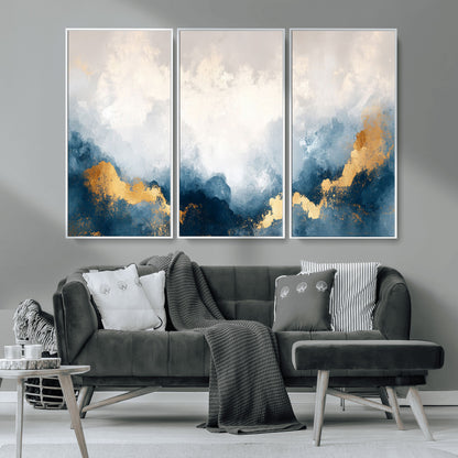 14578-MGV-CV-36X24-Abstract Wall Art – Modern Canvas Print Featuring Blue and White Clouds with Golden Accents, Contemporary Elegant Artwork for