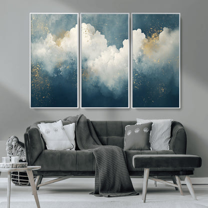 75131-MGV-CV-36X24-Abstract Cloud Wall Art – Modern Canvas Print Featuring Blue and White Clouds with Golden Accents, Contemporary Artwork for Living