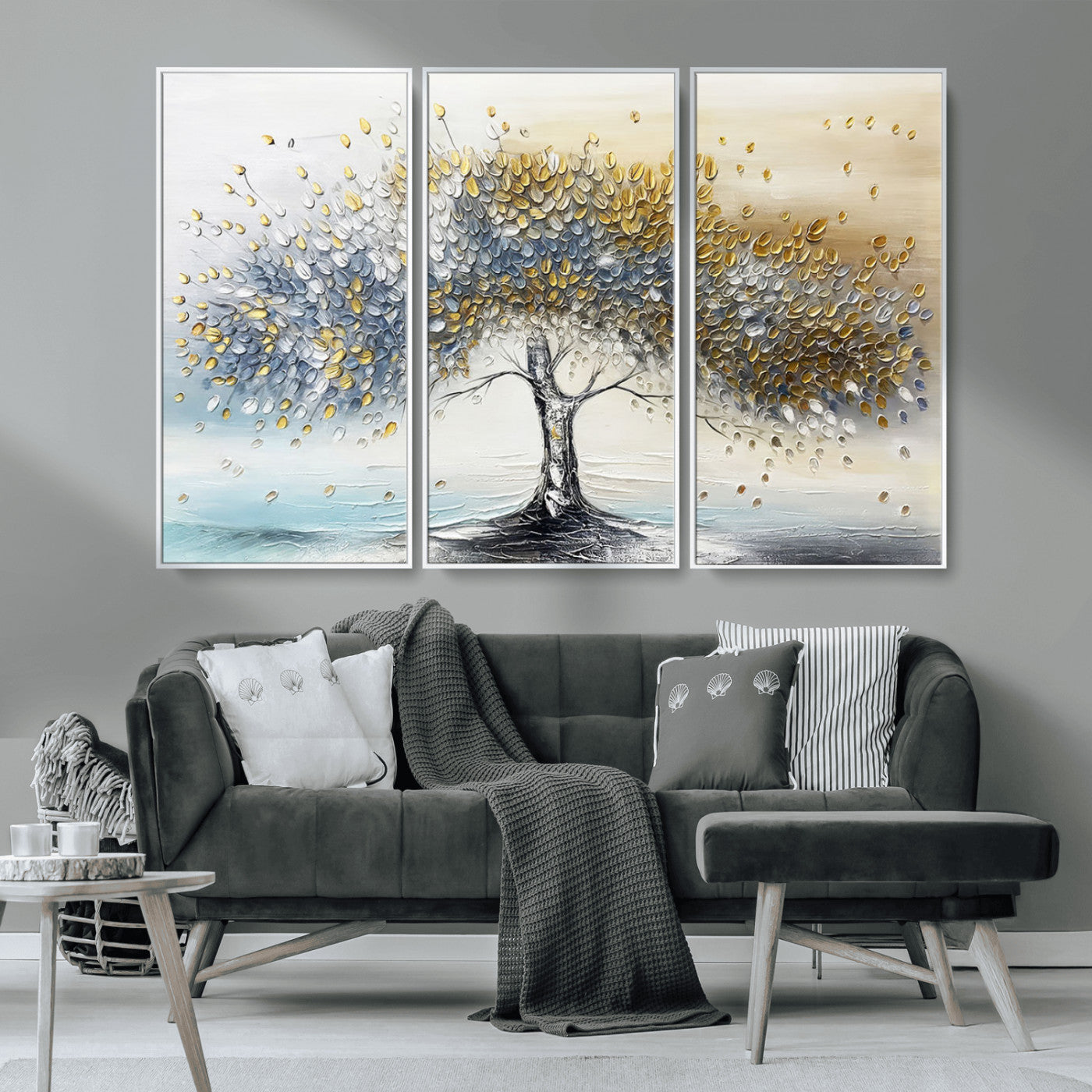 24771-MGV-CV-36X24-Silver Tree Wall Art Canvas Print, Framed Golden Leaves Art Picture Print, Metallic Tree Perfect Minimalist Luxury Decor Artwork