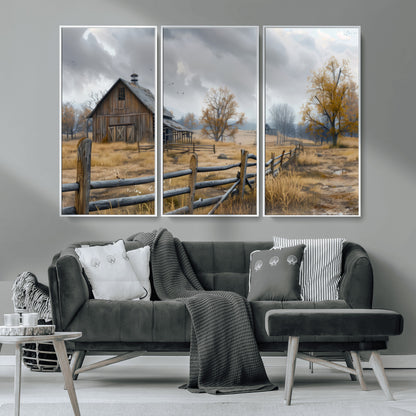 Farm1-MGV-CV-36X24-Rustic Autumn Farmhouse Wall Art – Serene Countryside Scene Canvas Print, Weathered Barn and Autumn Trees Decor for Living Room,