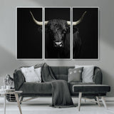 97914921-MGV-CV-36X24-Black Bull Wall Art Canvas Print, Framed Longhorn Bull Art Picture Print, Western Bull Perfect Monochrome Western Decor Artwork