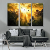 13776802-MGV-CV-36X24-Golden Forest Wall Art Canvas Print, Framed Sunset Pines Art Picture Print, Flying Birds Perfect Nature Glow Decor Artwork