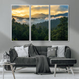 68082278-MGV-CV-36X24-Mountain Sunrise Wall Art Canvas Print, Framed Pine Forest Art Picture Print, Misty Mountains Perfect Earthy Woodland Decor