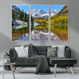 87724099-MGV-CV-36X24-Maroon Bells Wall Art Canvas Print, Framed Snowy Mountains Art Picture Print, Pine Forest Perfect Vibrant Alpine Decor Artwork