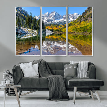 87724099-MGV-CV-36X24-Maroon Bells Wall Art Canvas Print, Framed Snowy Mountains Art Picture Print, Pine Forest Perfect Vibrant Alpine Decor Artwork