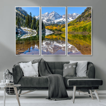 87724099-MGV-CV-36X24-Maroon Bells Wall Art Canvas Print, Framed Snowy Mountains Art Picture Print, Pine Forest Perfect Vibrant Alpine Decor Artwork