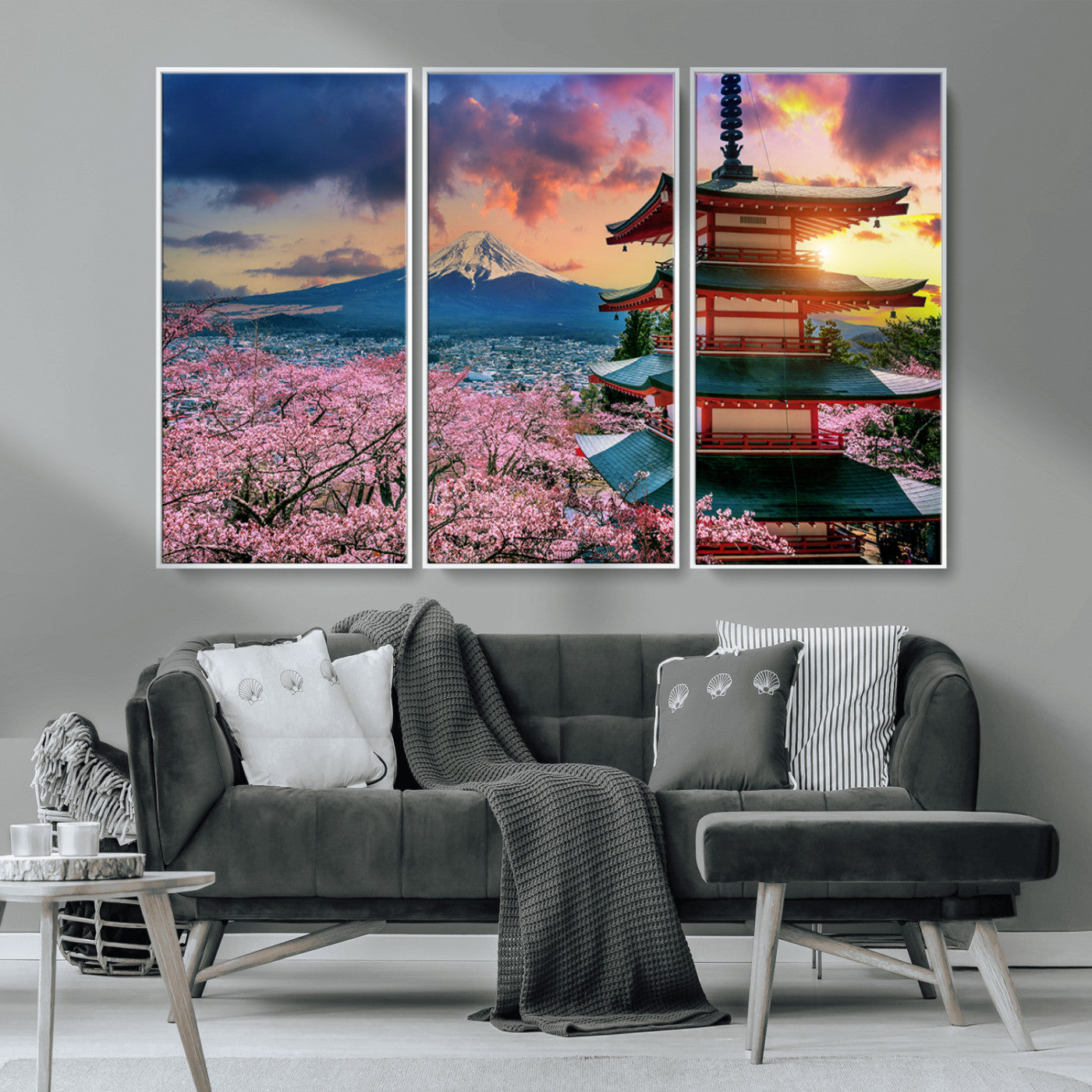 32331262-MGV-CV-36X24-Mount Fuji Japan Wall Art – Cherry Blossom Landscape Canvas Print, Chureito Pagoda Sunset Photography, Japanese Nature Travel