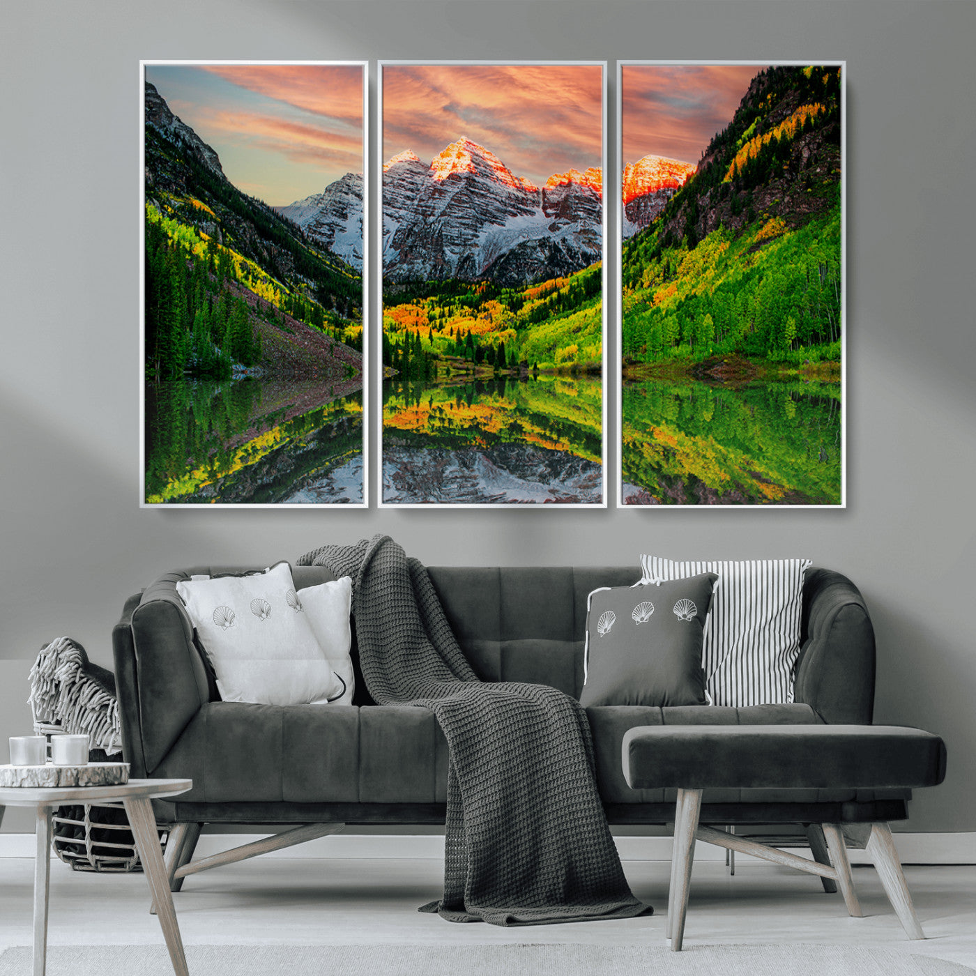 59533484-MGV-CV-36X24-Maroon Bells Autumn Wall Art – Panoramic Mountain Landscape Canvas Print, Sunset Reflection Nature Artwork for Living Room, Office