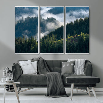 84598503-MGV-CV-36X24-Misty Forest Wall Art Canvas Print, Framed Pine Hills Art Picture Print, Moody Hills Perfect Moody Woodland Decor Artwork