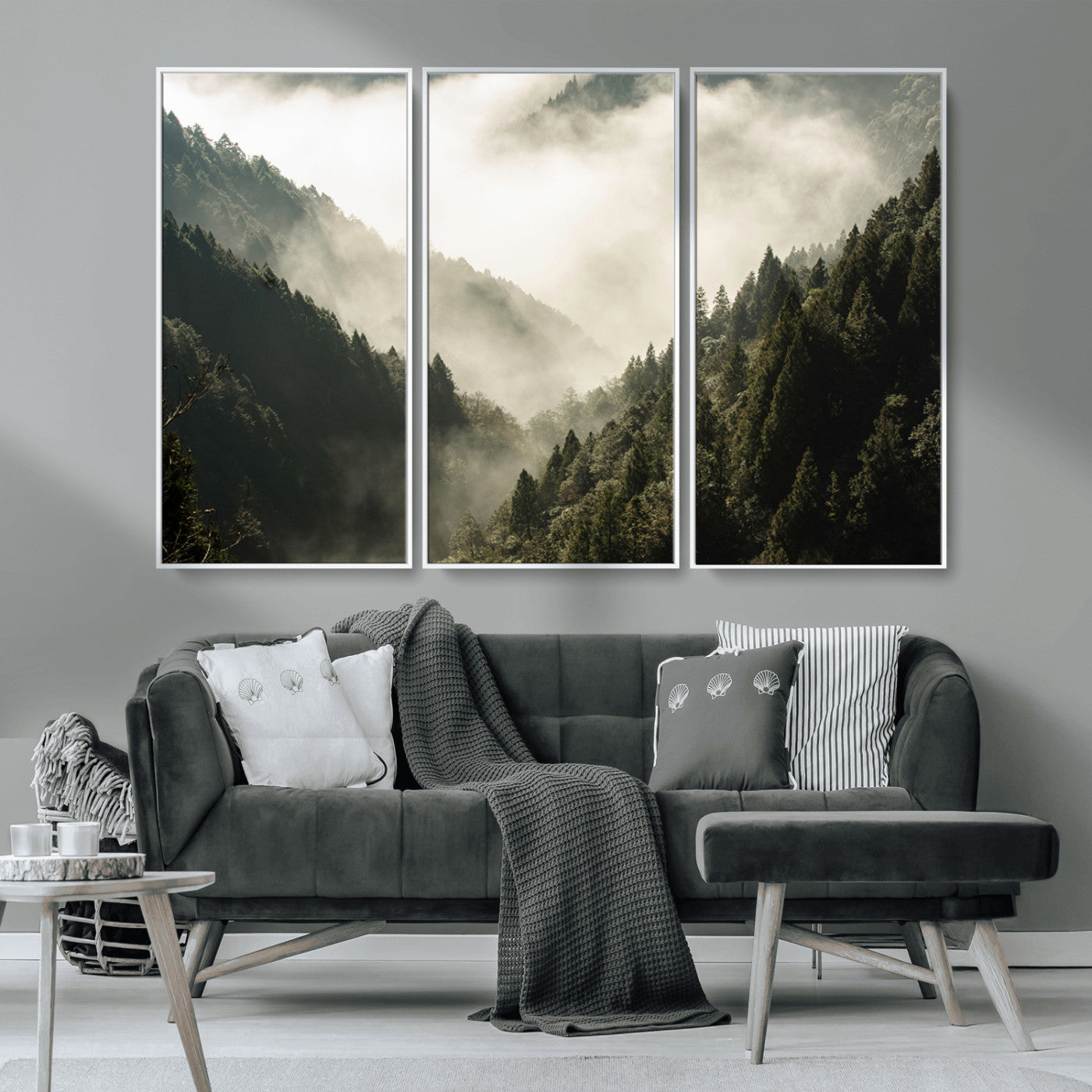 57570237-MGV-FC-48X32-3P_White-Misty Valley Wall Art Canvas Print, Framed Foggy Forest Art Picture Print, Pine Trees Perfect Moody Woodland Decor Artwork