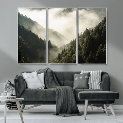 57570237-MGV-FC-48X32-3P_White-Misty Valley Wall Art Canvas Print, Framed Foggy Forest Art Picture Print, Pine Trees Perfect Moody Woodland Decor Artwork
