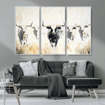 40397799-MGV-CV-36X24-Texas Longhorn Wall Art Canvas Print, Framed Rustic Herd Art Picture Print, Western Bull Perfect Neutral Western Decor Artwork