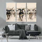 61538944-MGV-CV-36X24-Texas Longhorn Wall Art Canvas Print, Framed Cattles Walking Art Picture Print, Black White Bulls Perfect Rustic Western Decor