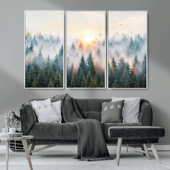92718976-MGV-CV-36X24-Misty Forest Wall Art Canvas Print, Framed Sunrise Pines Art Picture Print, Foggy Woodland Perfect Moody Woodland Decor Artwork