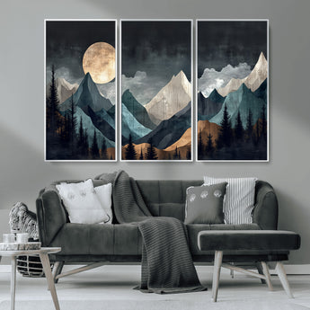 11060882-MGV-CV-36X24-Moonlit Mountains Wall Art Canvas Print, Framed Forest Silhouette Art Picture Print, Night Landscape Perfect Modern Forest Decor