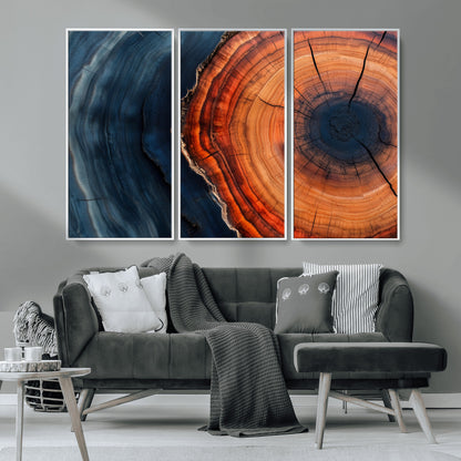 57732250-MGV-CV-36X24-Tree Ring Abstract Wall Art – Blue Orange Wood Grain Canvas Print, Modern Rustic Nature Artwork for Living Room, Office,