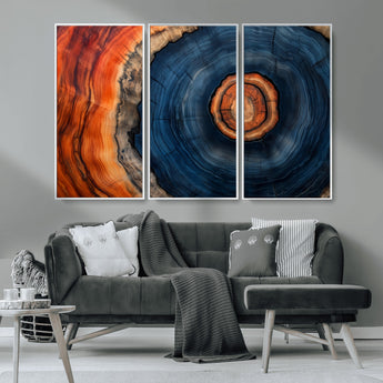 72209152-MGV-CV-36X24-Abstract Tree Ring Wall Art – Vibrant Blue Orange Wood Grain Canvas Print, Rustic Modern Nature Artwork for Living Room, Office,