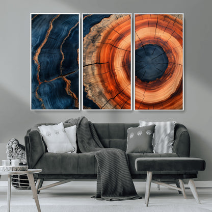 41123192-MGV-CV-36X24-Tree Ring Canvas Wall Art – Abstract Blue Orange Wood Grain Print, Rustic Modern Nature Artwork for Living Room, Bedroom, Office