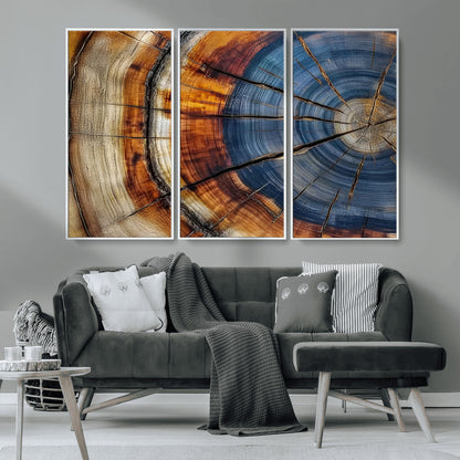 18032999-MGV-CV-36X24-Tree Ring Wall Art – Blue Brown Abstract Wood Slice Canvas Print, Rustic Modern Nature Decor for Living Room, Office, Bedroom or