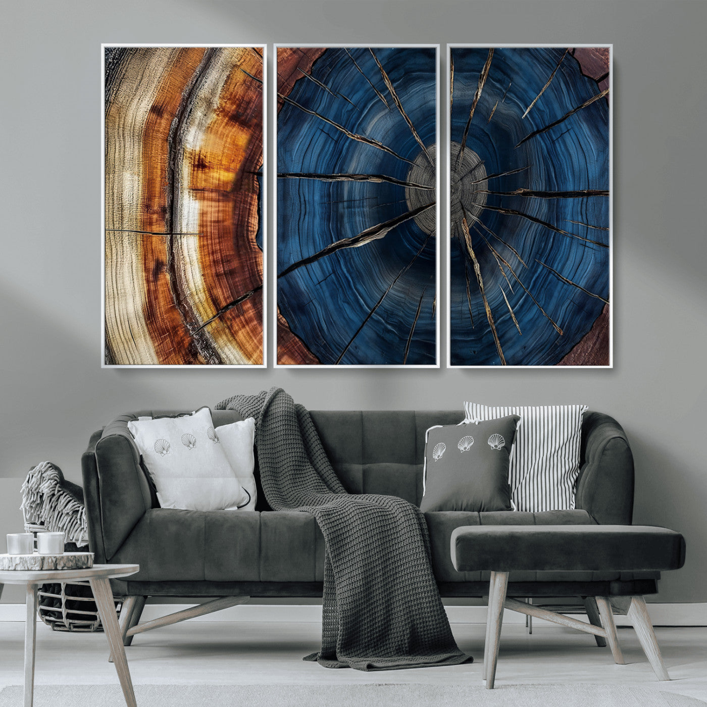 60099360-MGV-CV-36X24-Blue Tree Ring Wall Art – Rustic Wood Grain Canvas Print, Modern Abstract Artwork with Natural Texture for Living Room, Bedroom,