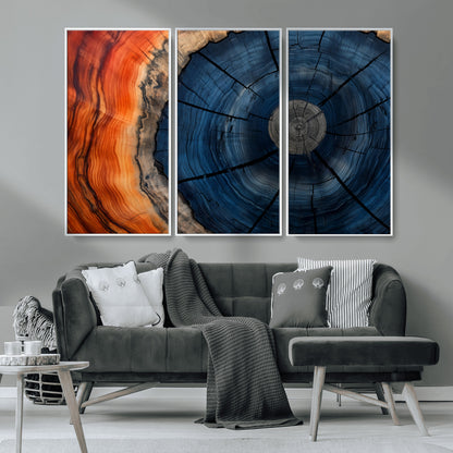 26110607-MGV-CV-36X24-Blue and Orange Tree Ring Wall Art – Abstract Wood Cross Section Canvas Print, Modern Rustic Nature Decor for Living Room, Office,