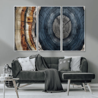 91368647-MGV-CV-36X24-Smoky Blue Tree Ring Wall Art – Rustic Wood Cross Section Canvas Print, Modern Nature Inspired Decor for Living Room, Office, or