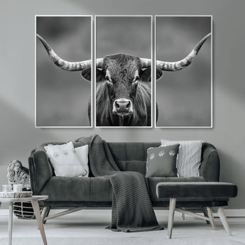 81228550-MGV-CV-36X24-Framed Texas Longhorn Bull Art Canvas Print, Western Bull Wall Art Print, Long Horn Bull Photo Print for Log Cabin, Large Bull