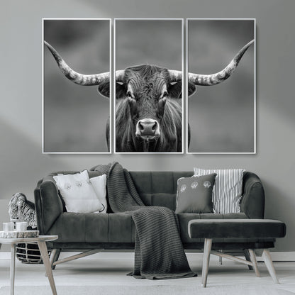 81228550-MGV-CV-36X24-Framed Texas Longhorn Bull Art Canvas Print, Western Bull Wall Art Print, Long Horn Bull Photo Print for Log Cabin, Large Bull