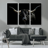 37531960-MGV-CV-36X24-Black Longhorn Bull Wall Art – Dramatic Western Cattle Canvas Print, Rustic Farmhouse Animal Artwork for Living Room, Bedroom,