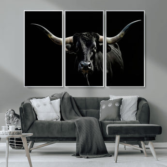 37531960-MGV-CV-36X24-Black Longhorn Bull Wall Art – Dramatic Western Cattle Canvas Print, Rustic Farmhouse Animal Artwork for Living Room, Bedroom,