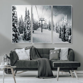 31156828-MGV-CV-36X24-Snowy Pines Wall Art Canvas Print, Framed Ski Lift Art Picture Print, Winter Forest Perfect Moody Lodge Decor Artwork