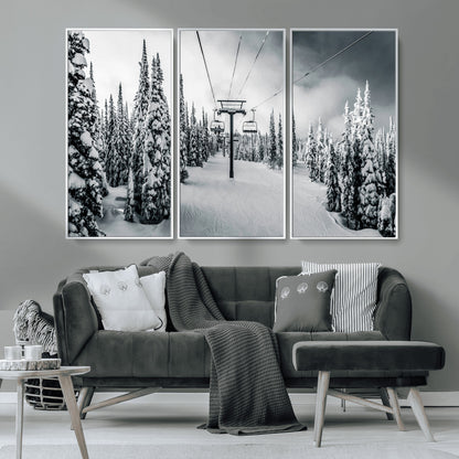 31156828-MGV-CV-36X24-Snowy Pines Wall Art Canvas Print, Framed Ski Lift Art Picture Print, Winter Forest Perfect Moody Lodge Decor Artwork