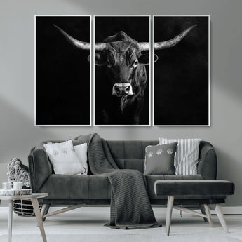 42077175-MGV-CV-36X24-Texas Longhorn Wall Art Canvas Print, Framed Monochrome Bull Art Picture Print, Horned Bull Perfect Rustic Western Decor Artwork