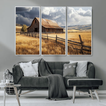 38758826-MGV-FC-48X32-3P_White-Rustic Barn Wall Art Canvas Print, Framed Moody Barn Art Picture Print, Golden Field Perfect Rustic Farmhouse Decor Artwork