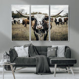 79025945-MGV-CV-36X24-Texas Longhorn Wall Art Canvas Print, Framed Speckled Cow Art Picture Print, Horned Cattle Perfect Rustic Western Decor Artwork