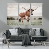 28309012-MGV-CV-36X24-Texas Longhorn Wall Art Canvas Print, Framed Spotted Cattle Art Picture Print, Horned Bull Perfect Rustic Western Decor Artwork