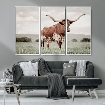 28309012-MGV-CV-36X24-Texas Longhorn Wall Art Canvas Print, Framed Spotted Cattle Art Picture Print, Horned Bull Perfect Rustic Western Decor Artwork